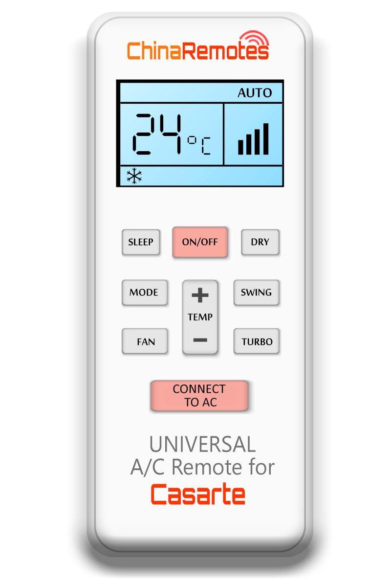 Brand new Universal Air Conditioner Remote for Casarte. The Universal remote for Casarte has withstood the test of time and has found to be compatible with Casarte Air Con remotes. It Even replaces Air Cond remotes for Casarte Portable Air Conditioners, Casarte Split System Remotes, and Casarte Window Air Conditioner Remotes. ✅